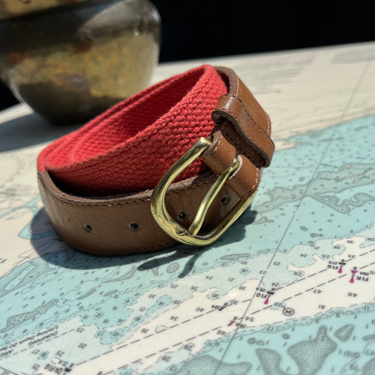 Vintage 90s Brown Leather and Red Canvas Belt 36