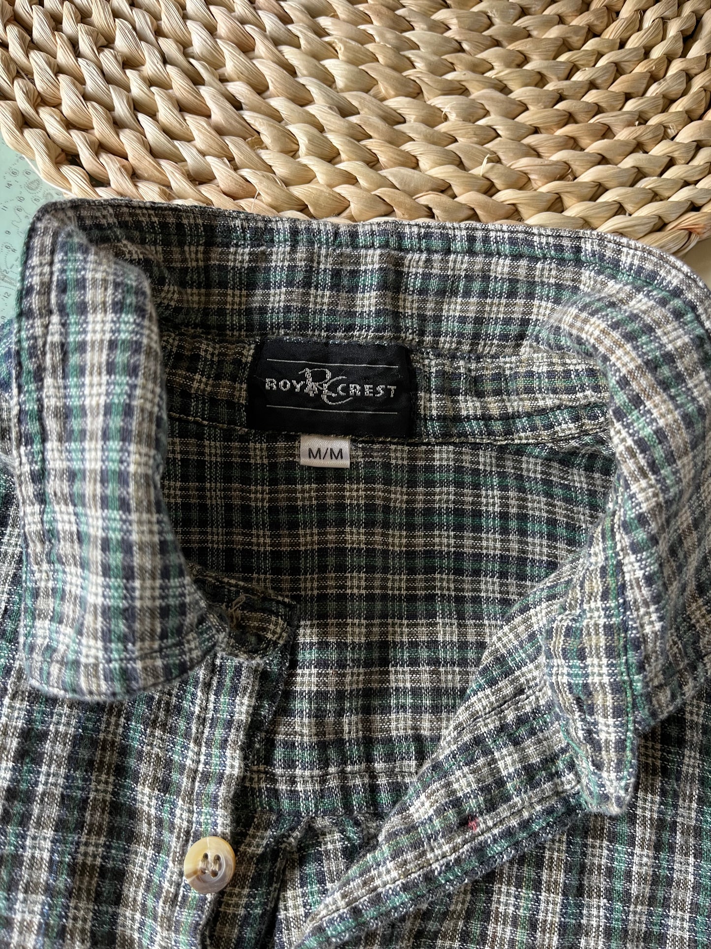 Vintage Royal Crest Green Plaid Button Up Tee Shirt