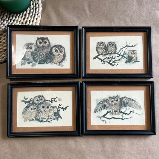Vintage Set of Four Owl Family Framed Prints