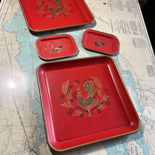 Vintage Maxey Red Rooster MCM Tray Set (4)