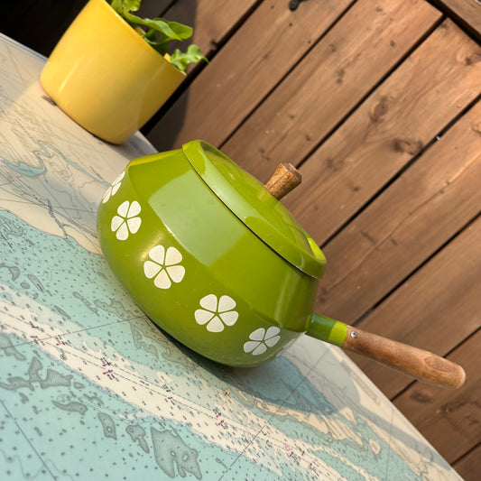 Vintage 70s Avocado Green Floral Pattern Fondue Pot