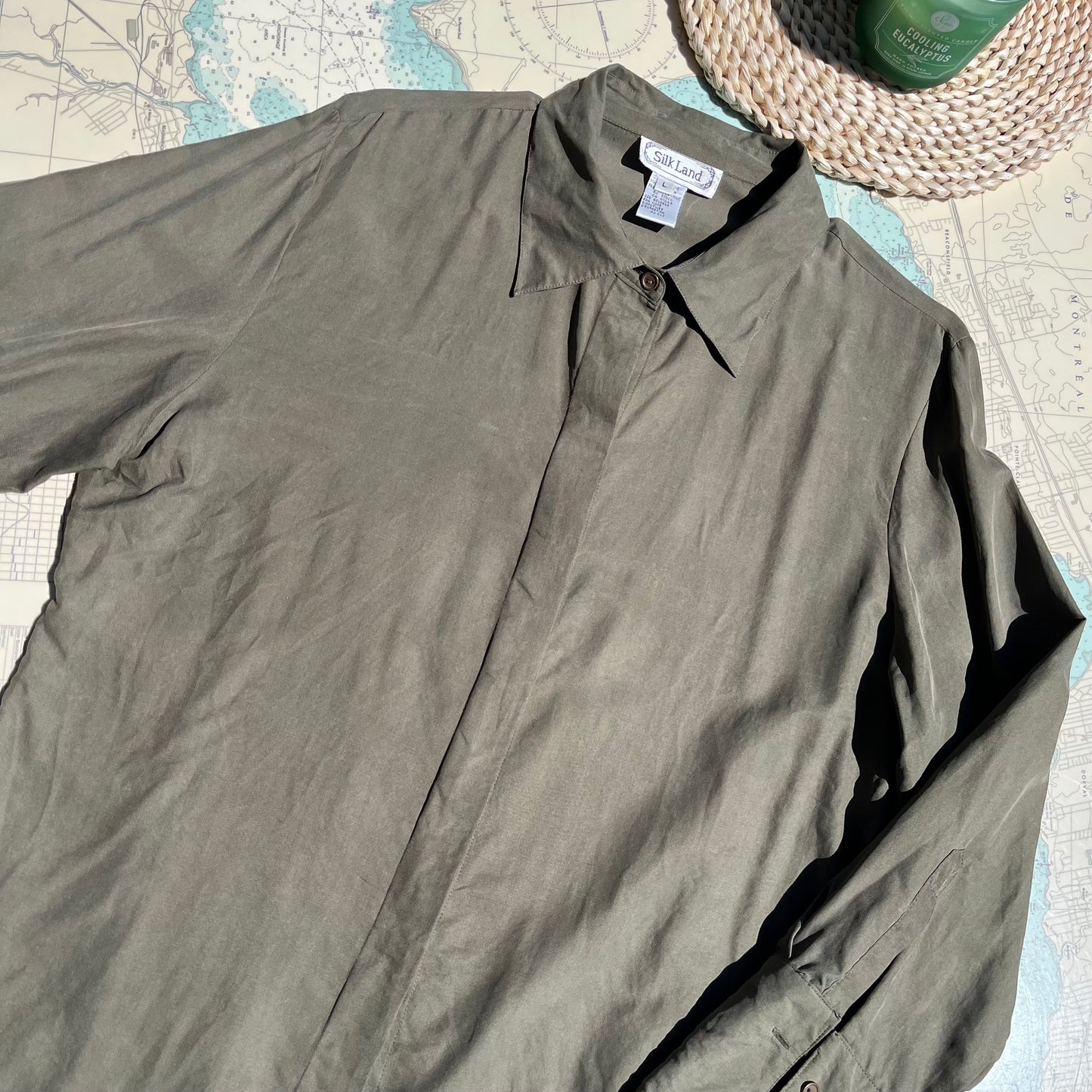 Vintage 90s Silk Land Olive Green Button Up Blouse