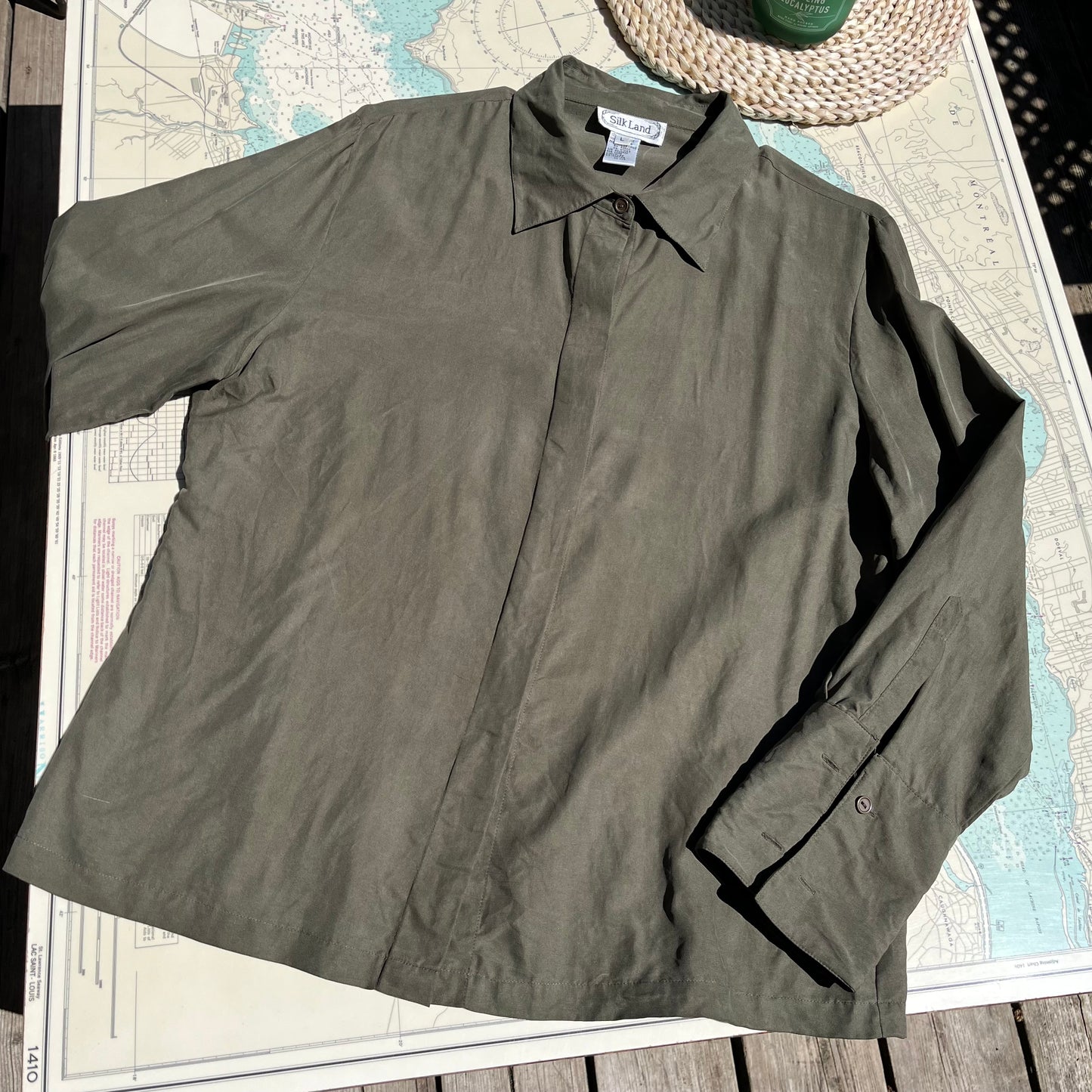 Vintage 90s Silk Land Olive Green Button Up Blouse