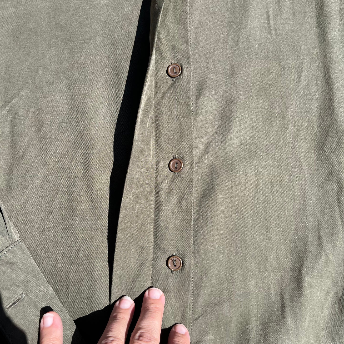 Vintage 90s Silk Land Olive Green Button Up Blouse