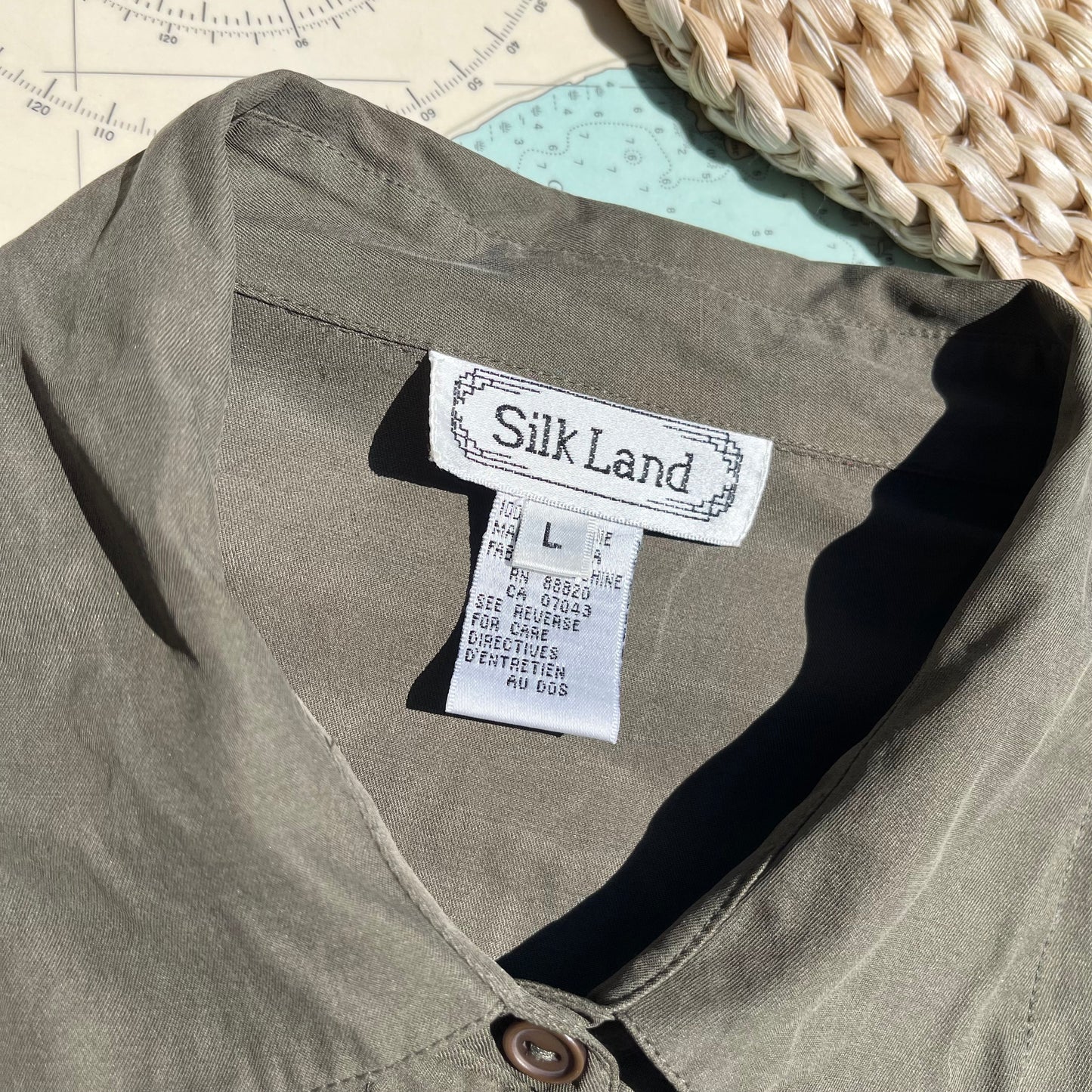 Vintage 90s Silk Land Olive Green Button Up Blouse