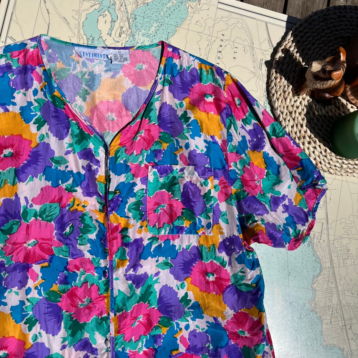 Vintage Silk Floral Button Up T Shirt Dress