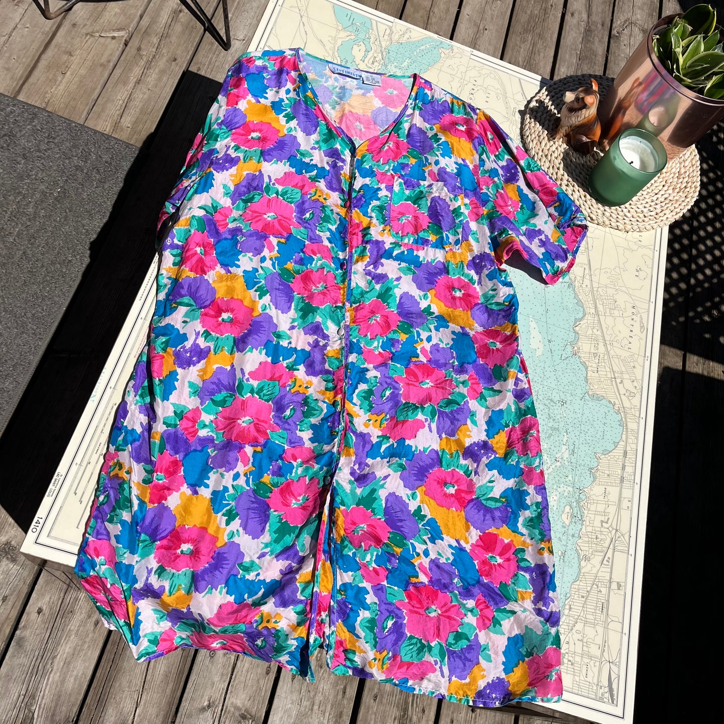 Vintage Silk Floral Button Up T Shirt Dress