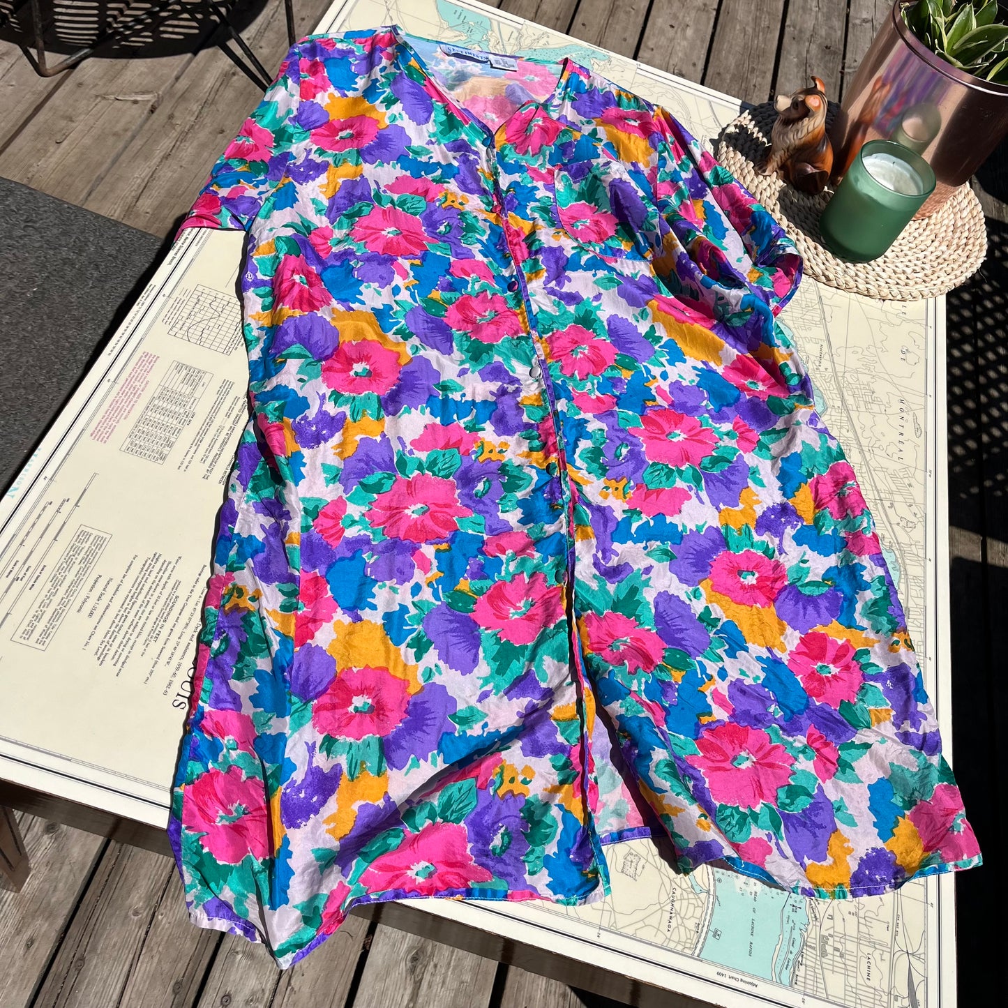 Vintage Silk Floral Button Up T Shirt Dress