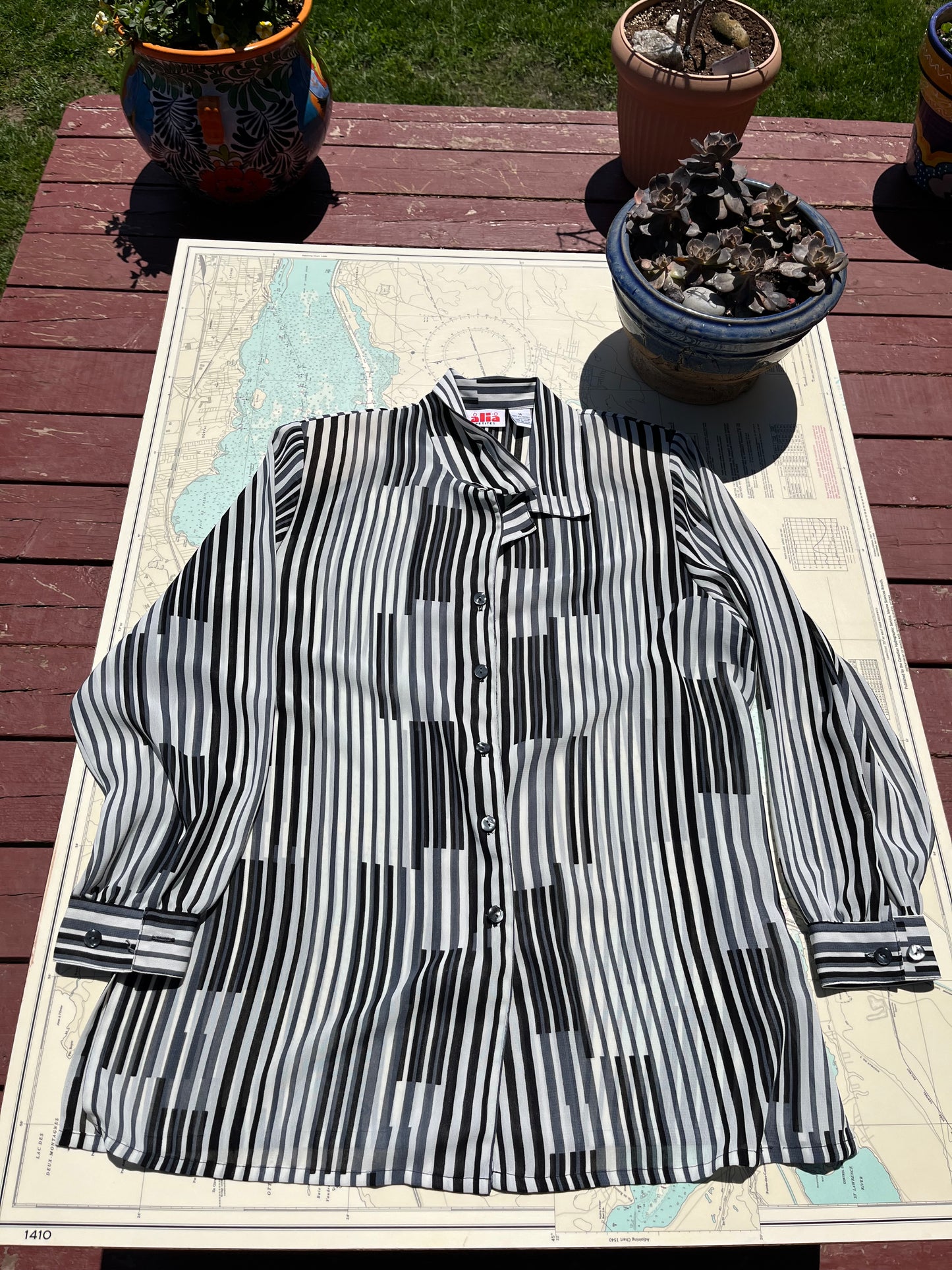 Vintage Black and Grey Geometrical Alia Sheer Blouse