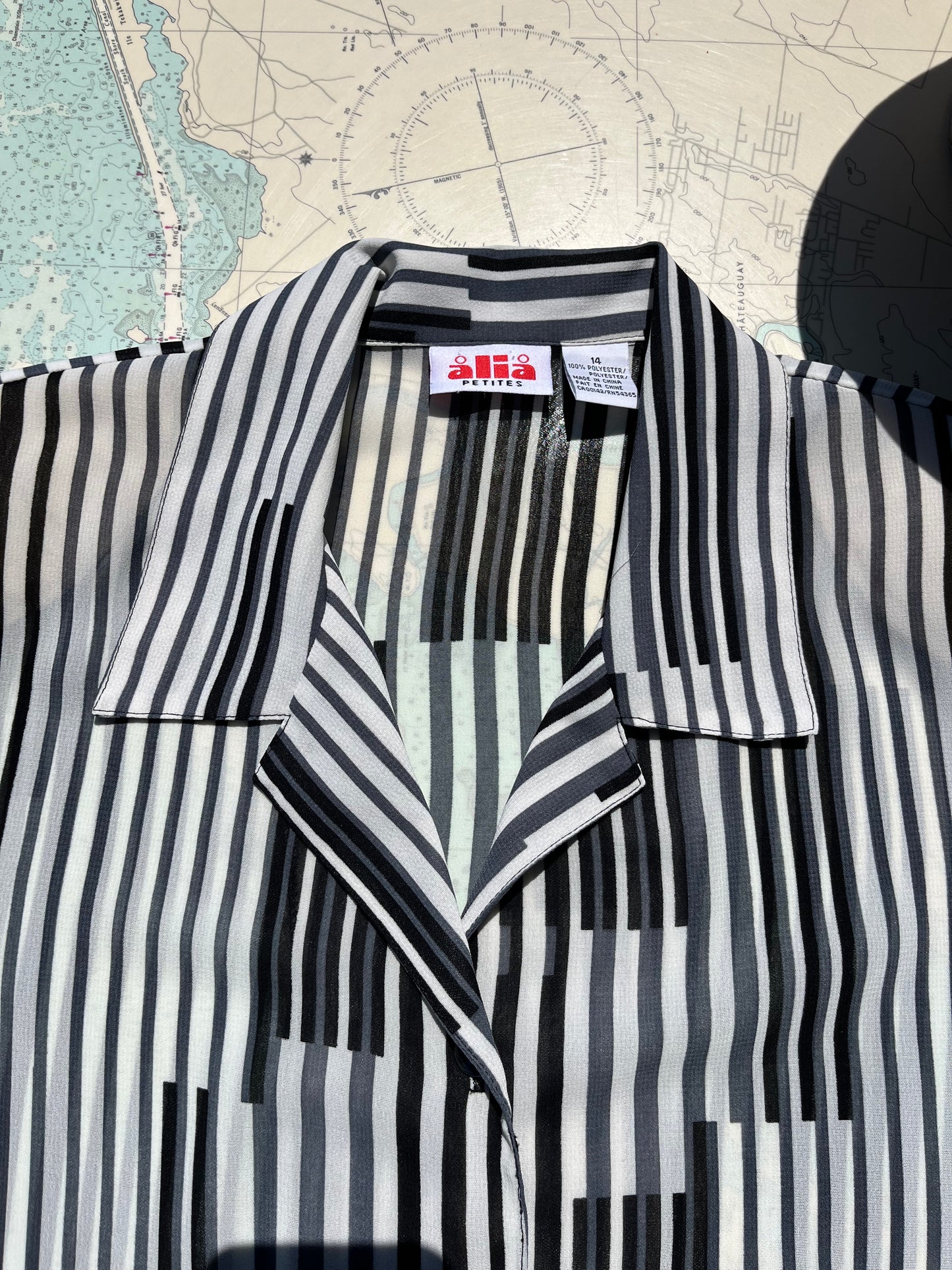 Vintage Black and Grey Geometrical Alia Sheer Blouse
