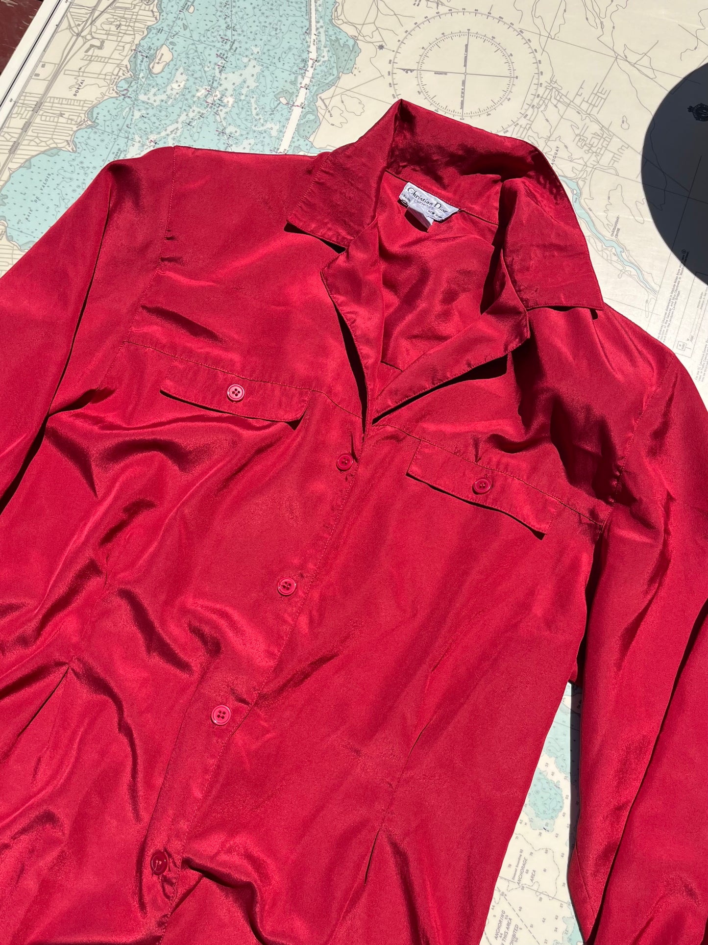 Vintage Christian Dior Red Long Sleeve Button Up Blouse