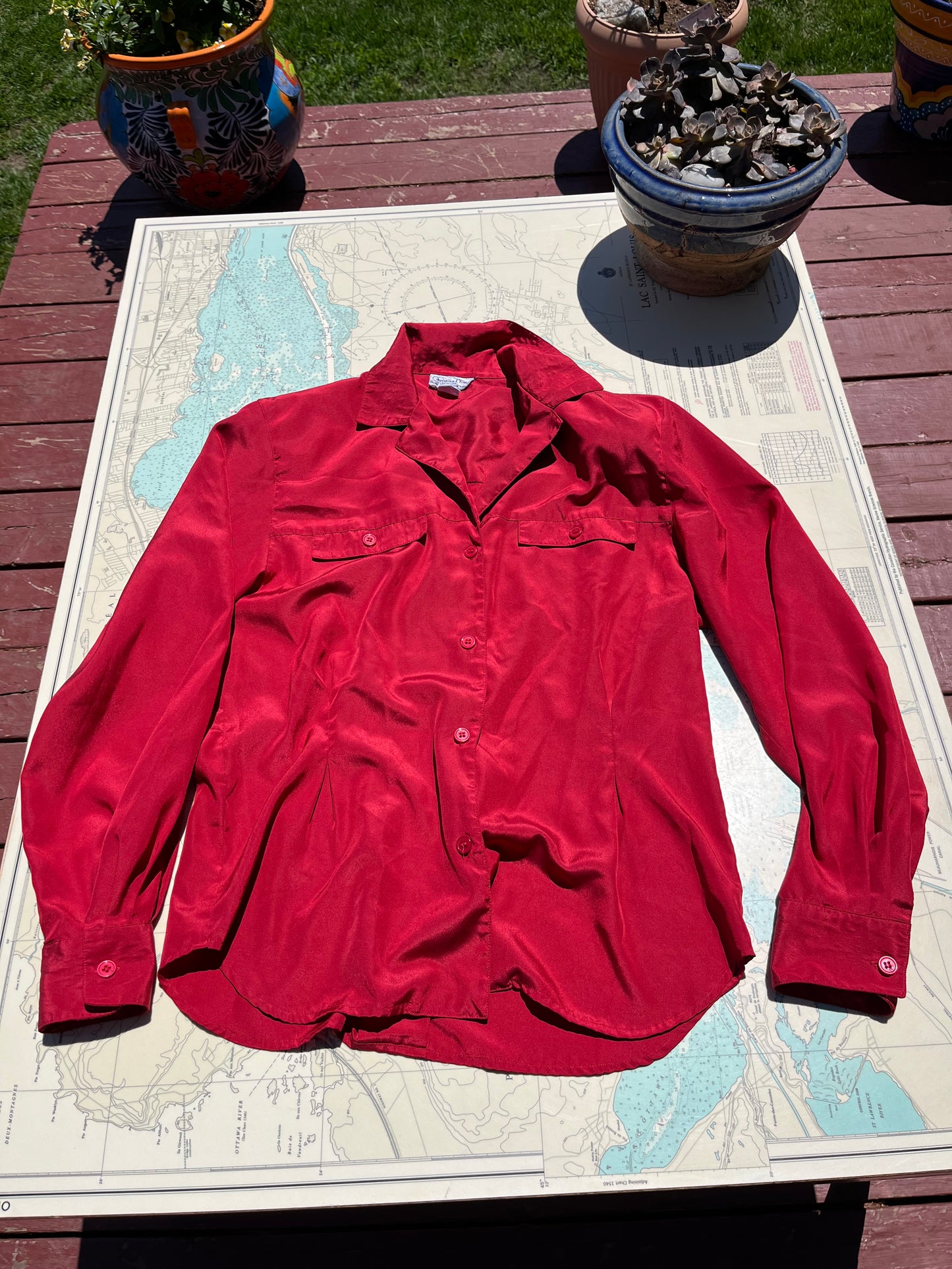 Vintage Christian Dior Red Long Sleeve Button Up Blouse