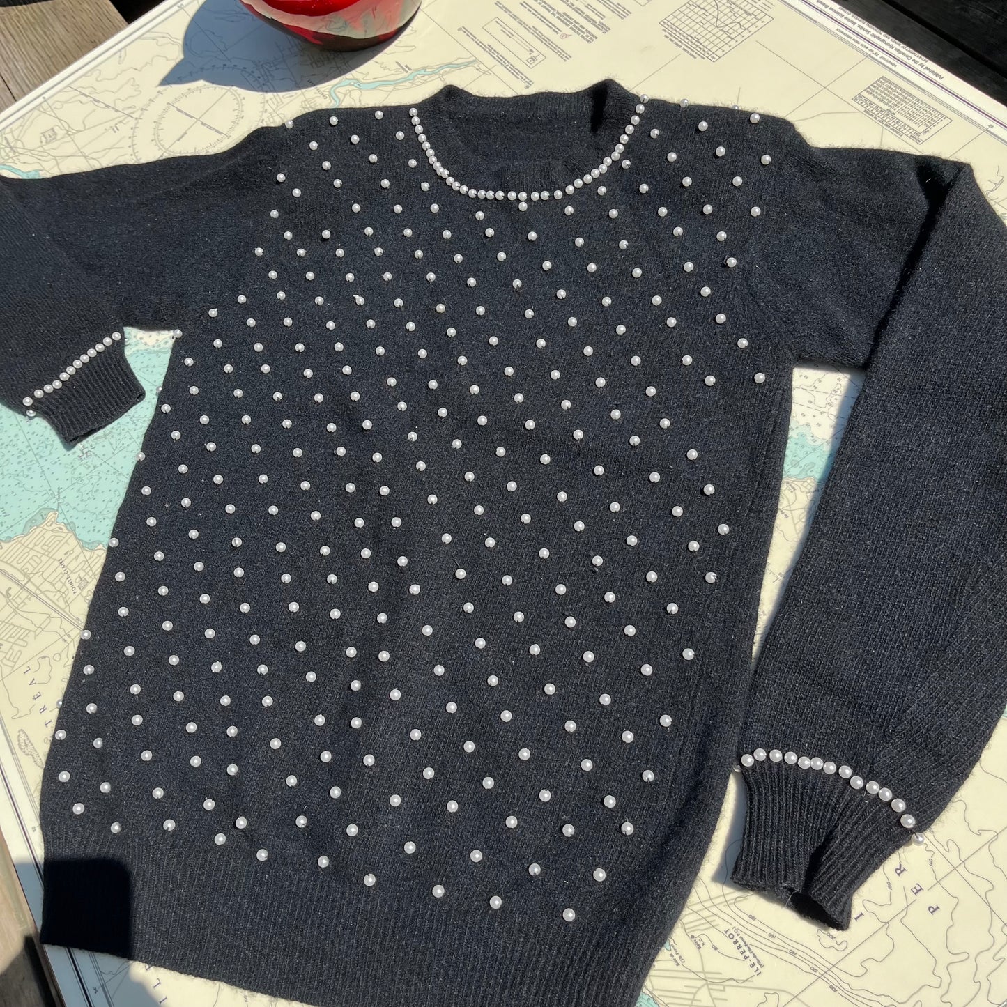 Vintage 80s Black and Pearl Beaded Sweater