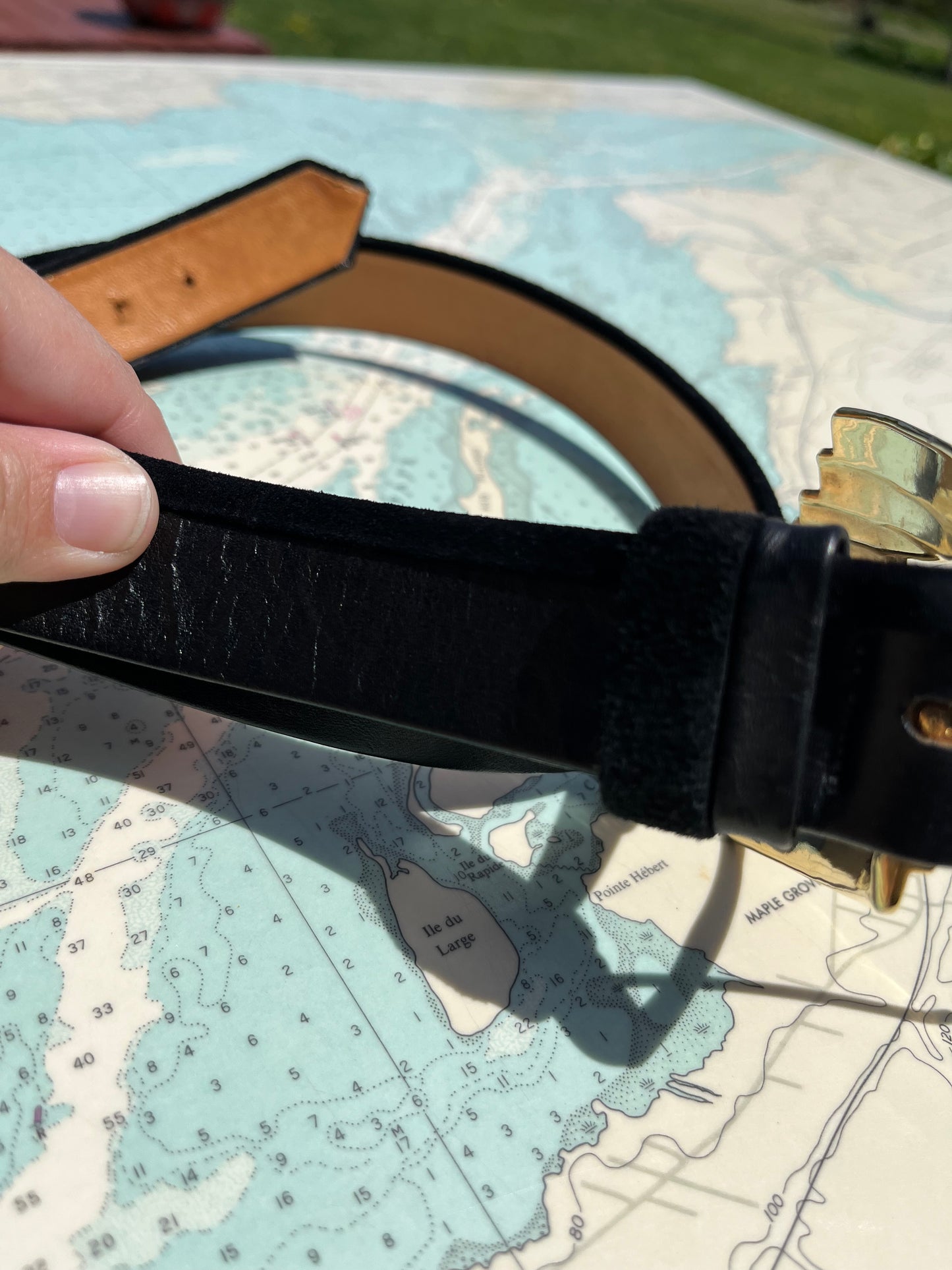 Vintage Gold Fan Buckle Leather and Velvet Belt