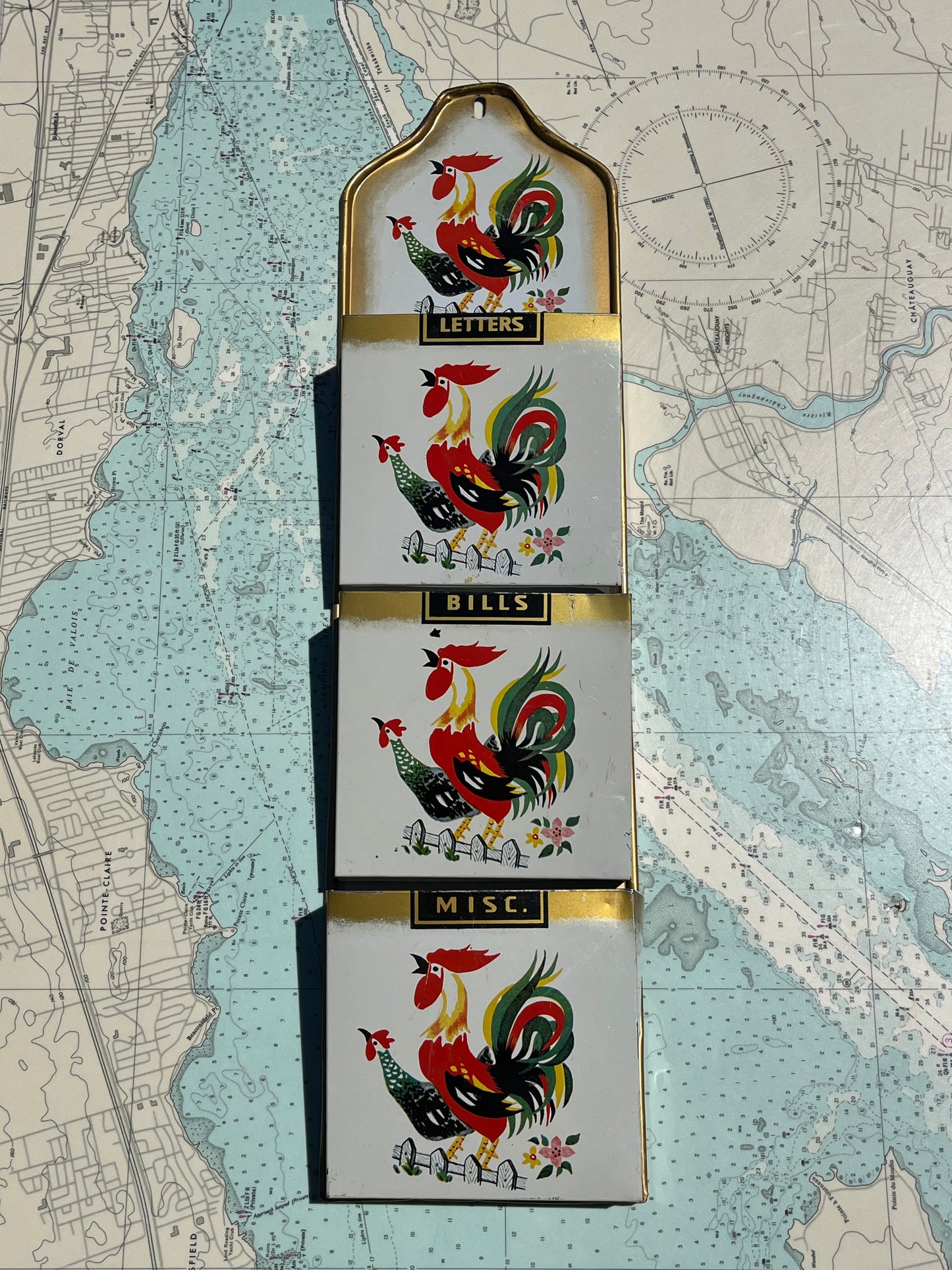 Vintage Tin Rooster Graphic Letter Organizer