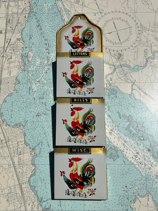 Vintage Tin Rooster Graphic Letter Organizer