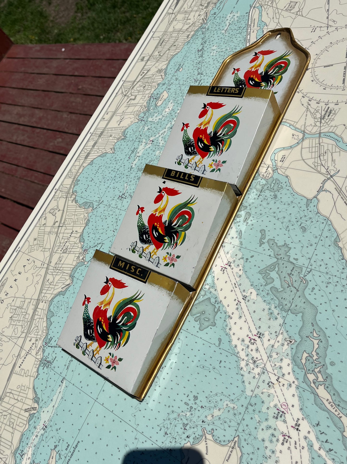 Vintage Tin Rooster Graphic Letter Organizer