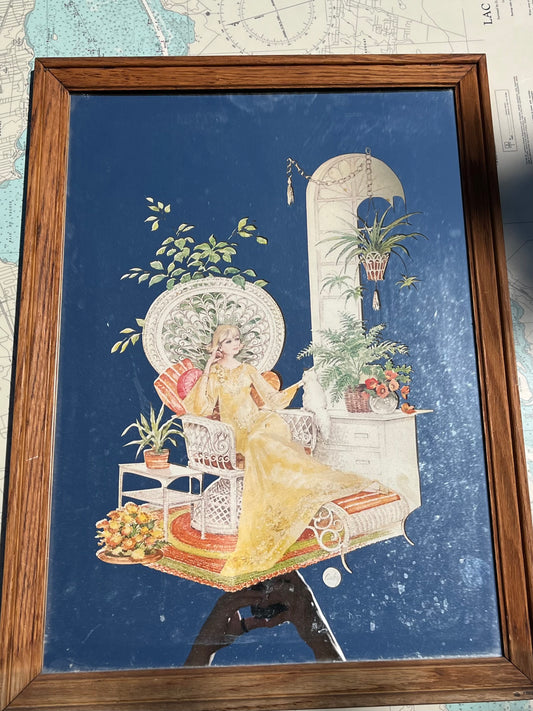 Vintage 70s Boho Stamford Cutout Art Mirror Framed Lady Print