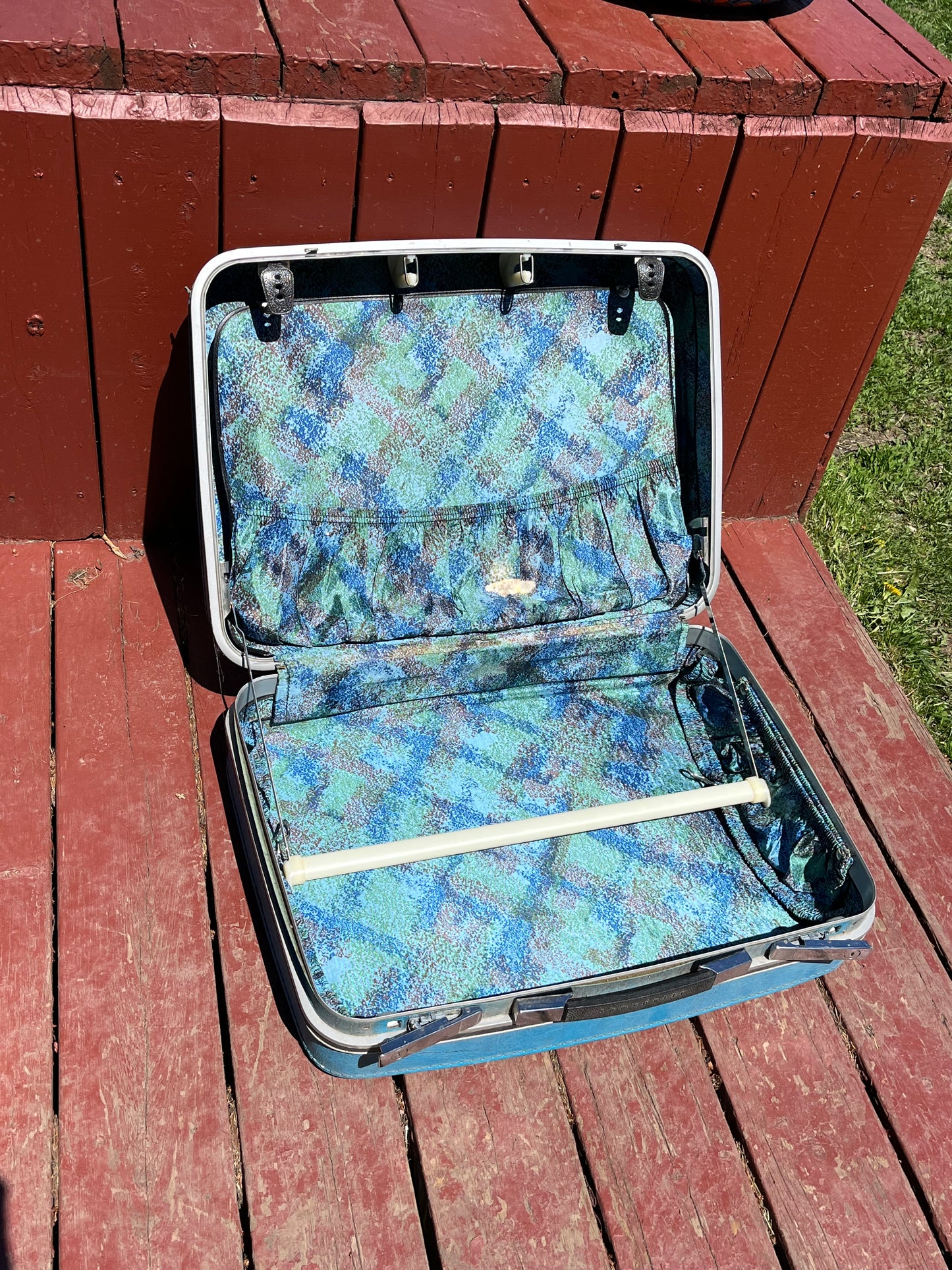 Vintage Bright Blue Samsonite Suitcase with Quebec Sticker