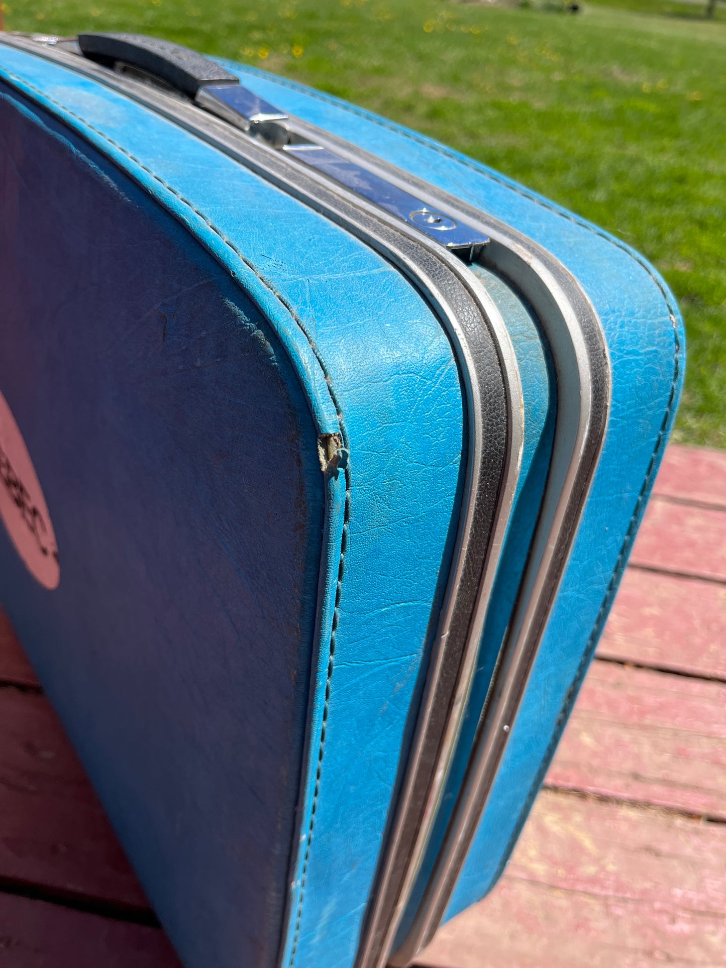Vintage Bright Blue Samsonite Suitcase with Quebec Sticker