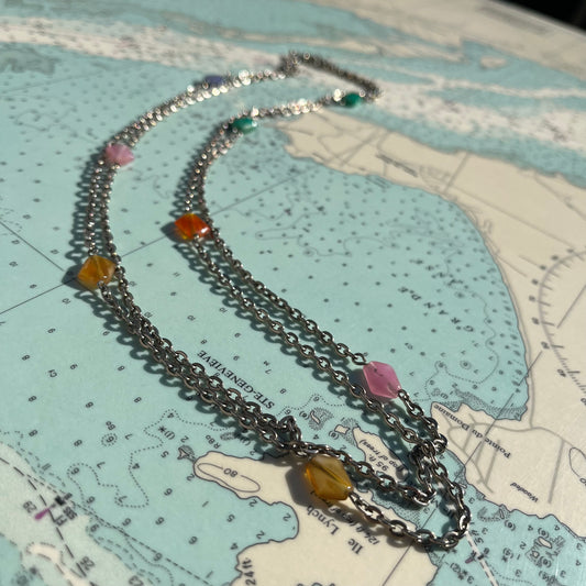 Vintage Multicolour Gem Stone Silver Chain Necklace