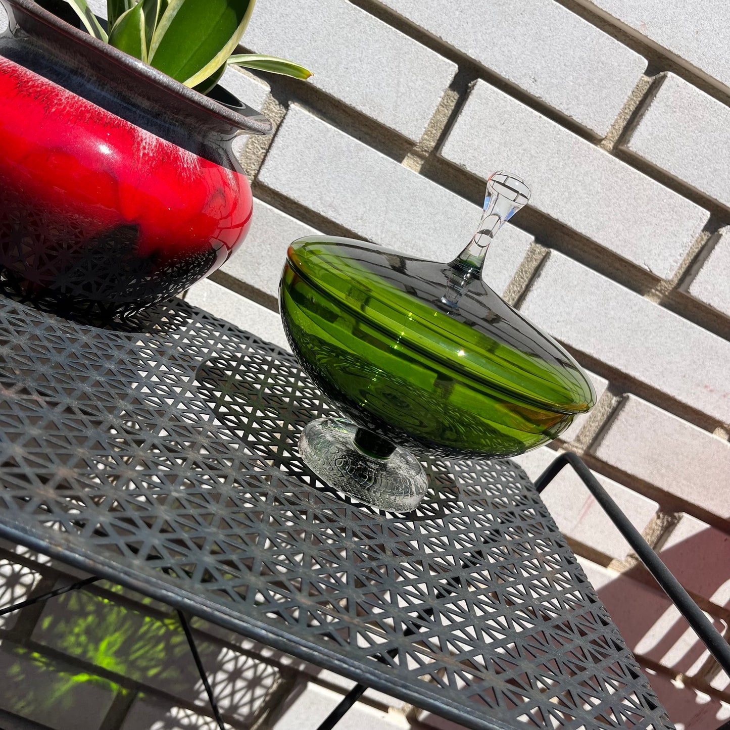 Vintage Green Glass Art Deco Candy Dish with Lid