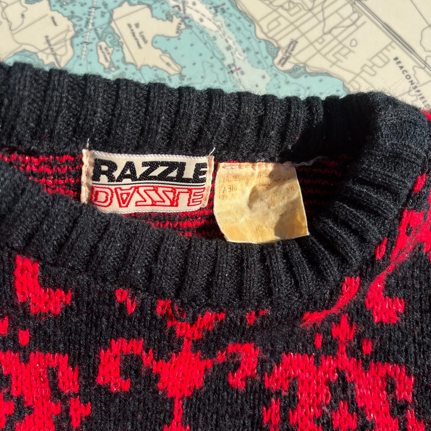 Vintage Razzle Dazzle Metallic Red and Black Geometric Knit Sweater