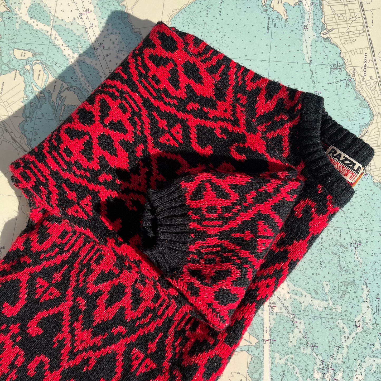 Vintage Razzle Dazzle Metallic Red and Black Geometric Knit Sweater