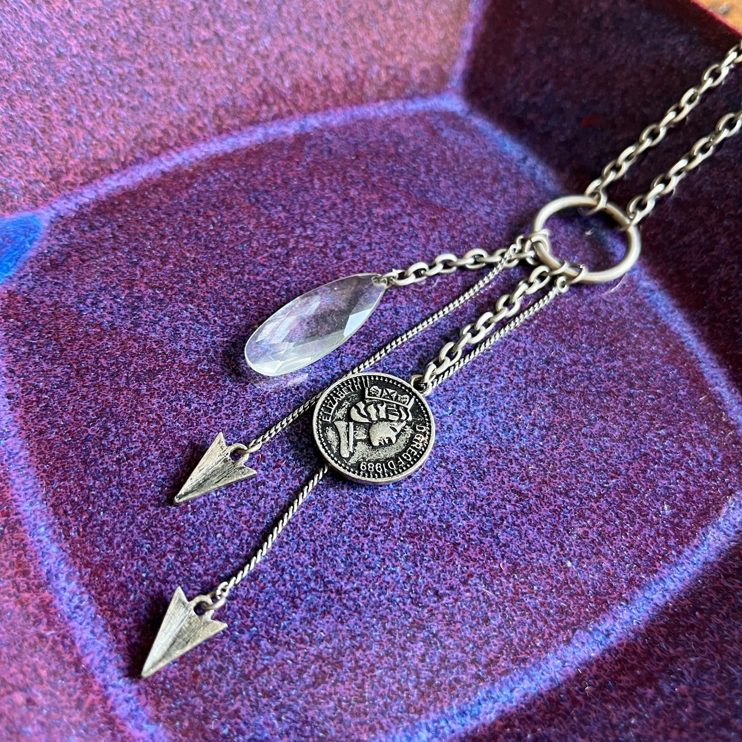 Antique Silver Crystal Penny Charm Necklace