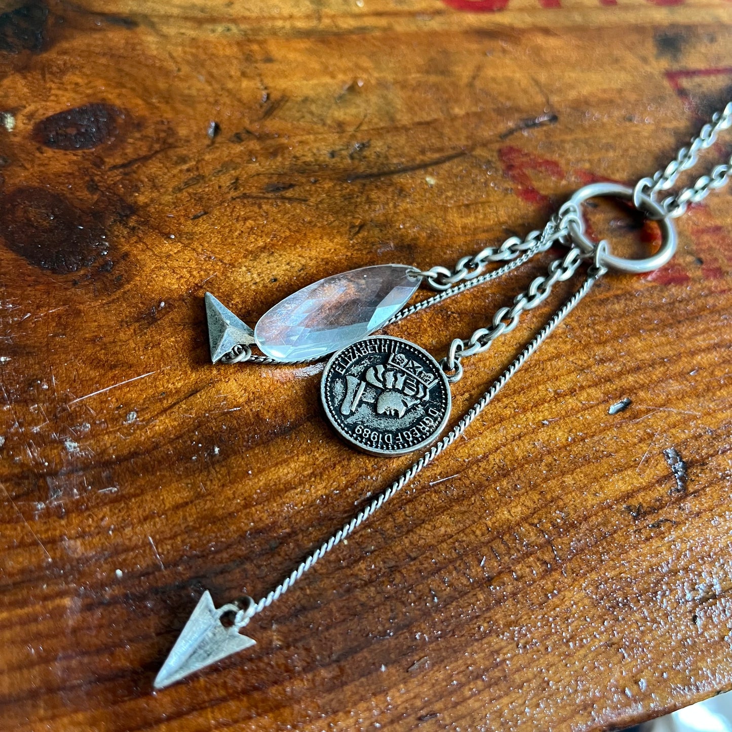 Antique Silver Crystal Penny Charm Necklace