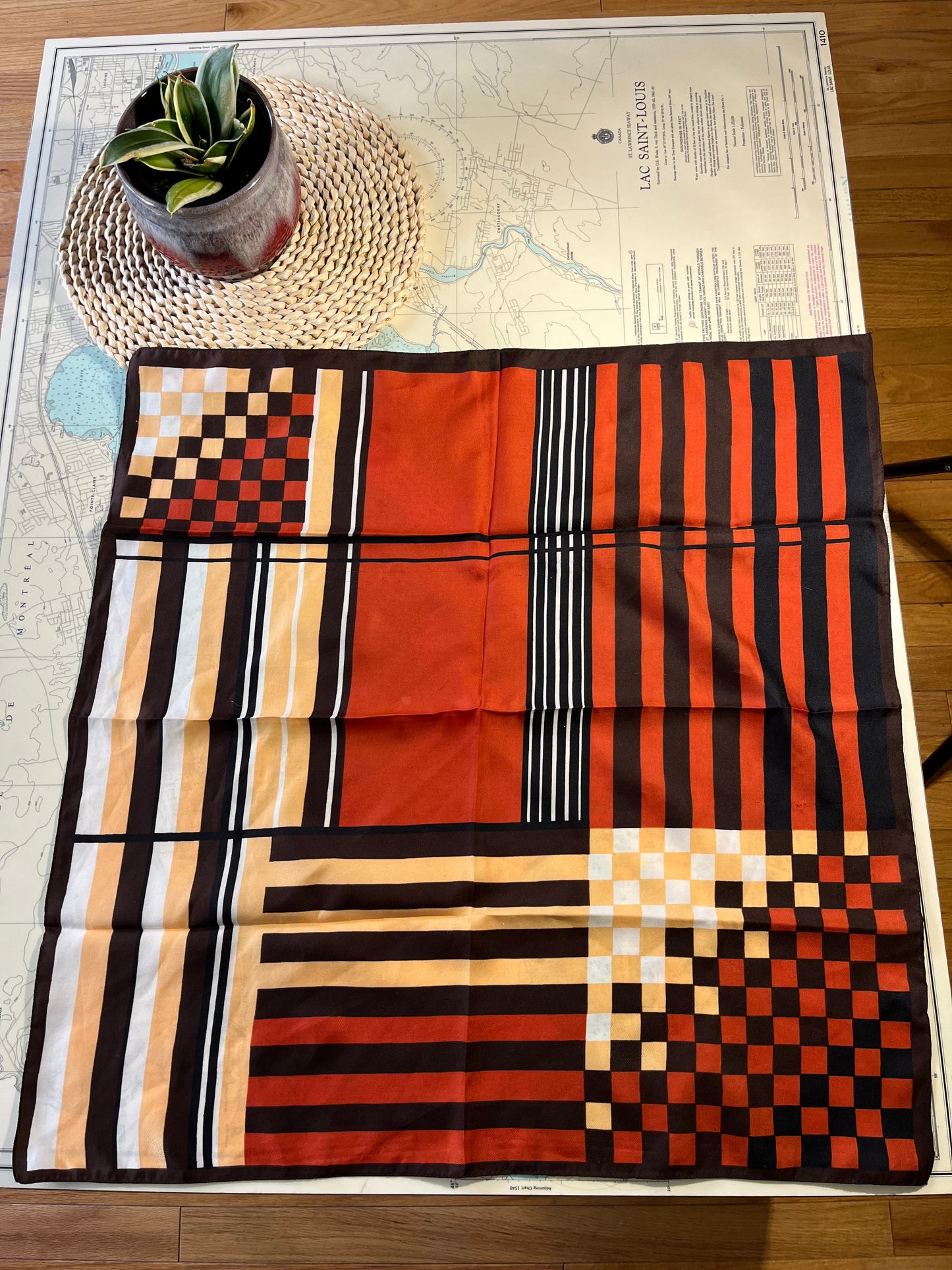 Vintage 70s Orange and Brown Geometric Scarf