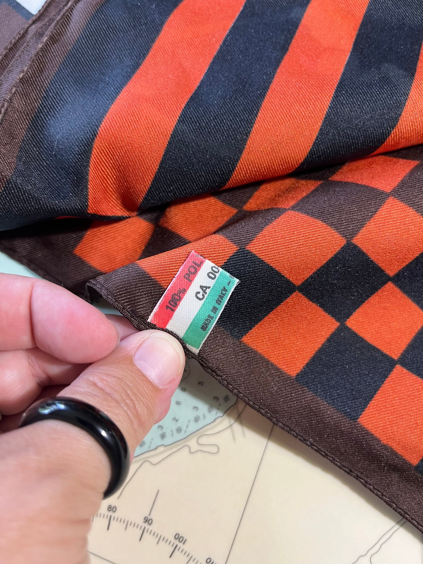 Vintage 70s Orange and Brown Geometric Scarf
