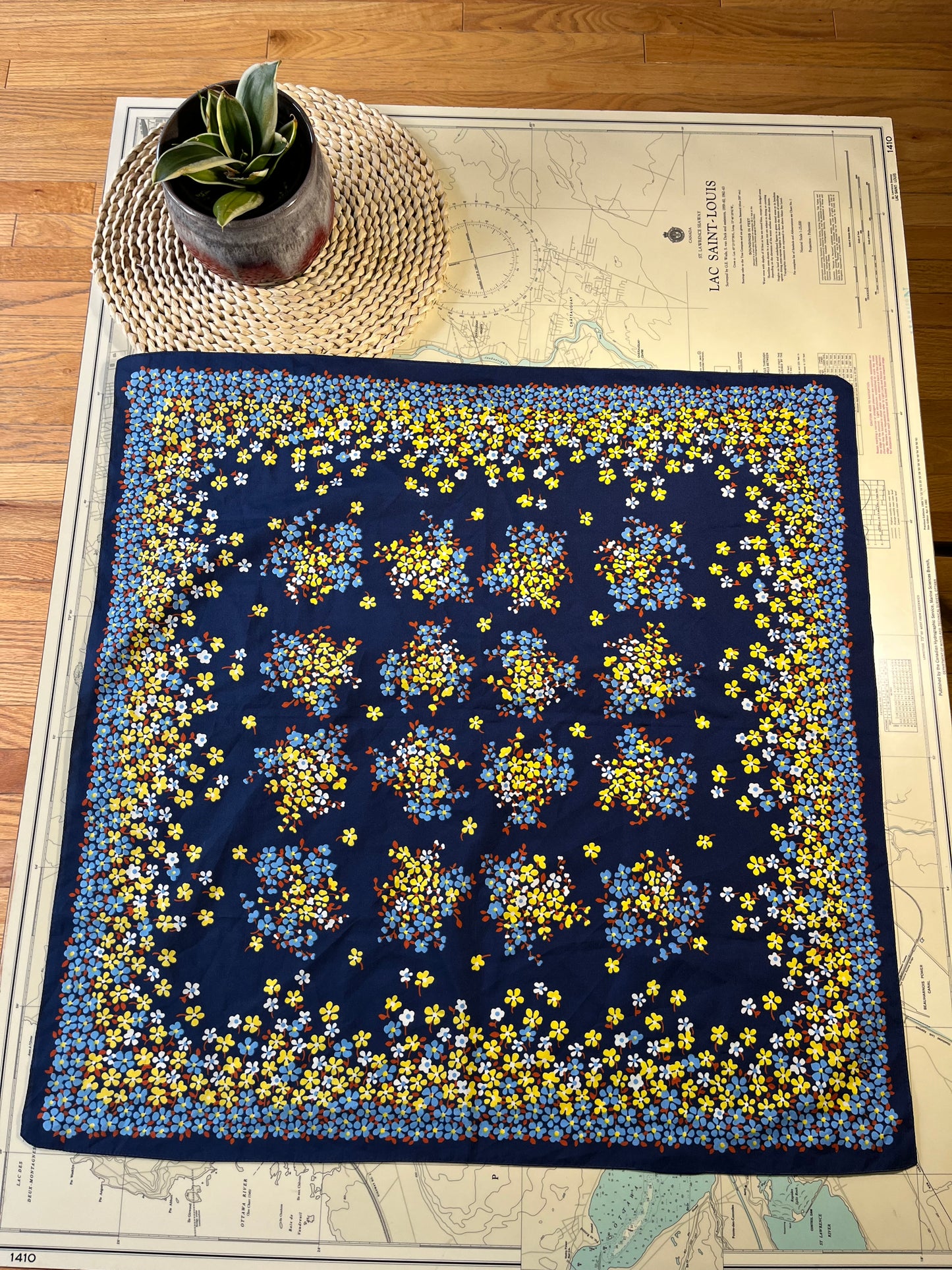 Vintage Navy Blue Floral Pattern Scarf