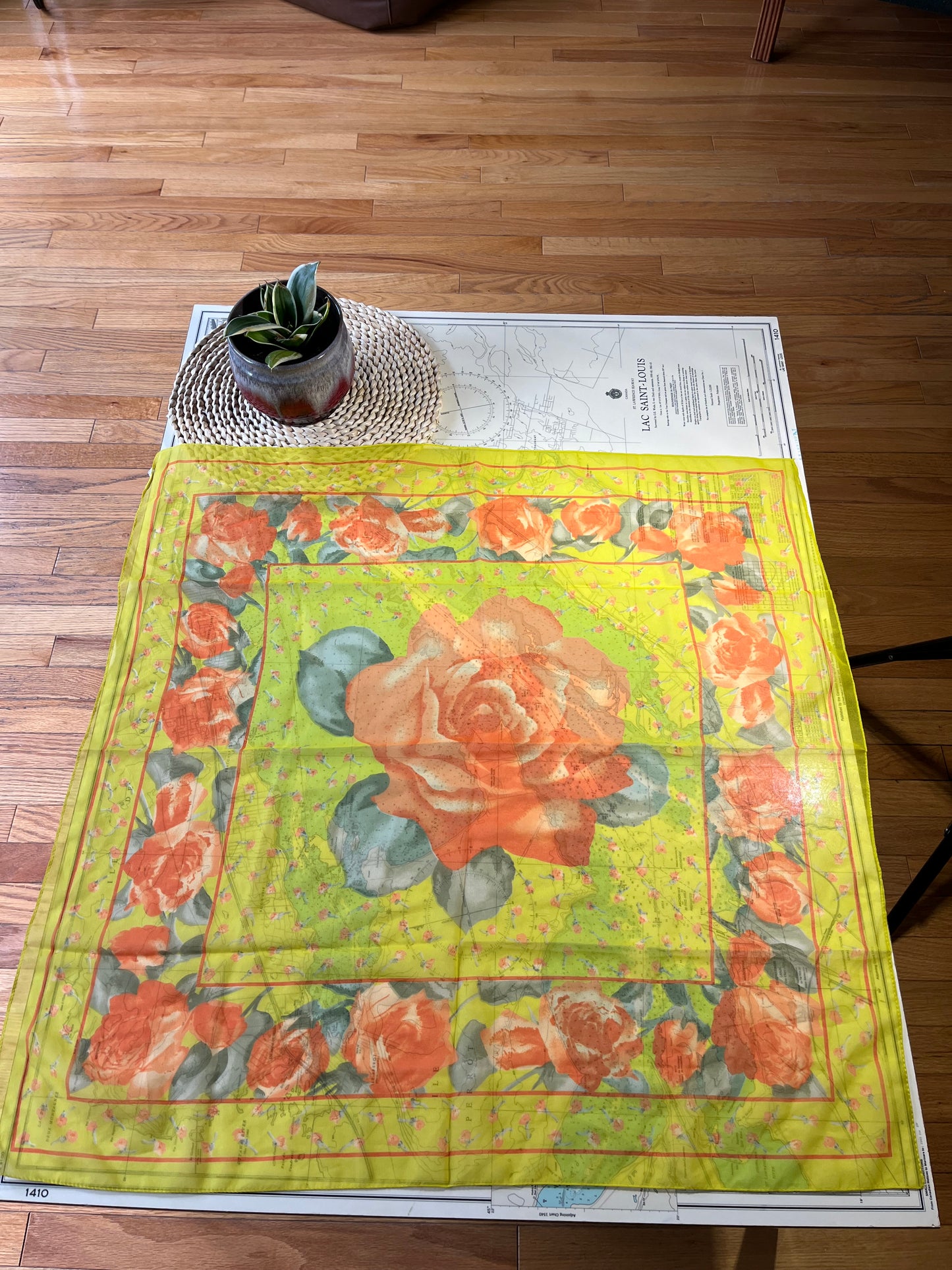 Vintage Yellow Green and Orange Sheer Floral Scarf