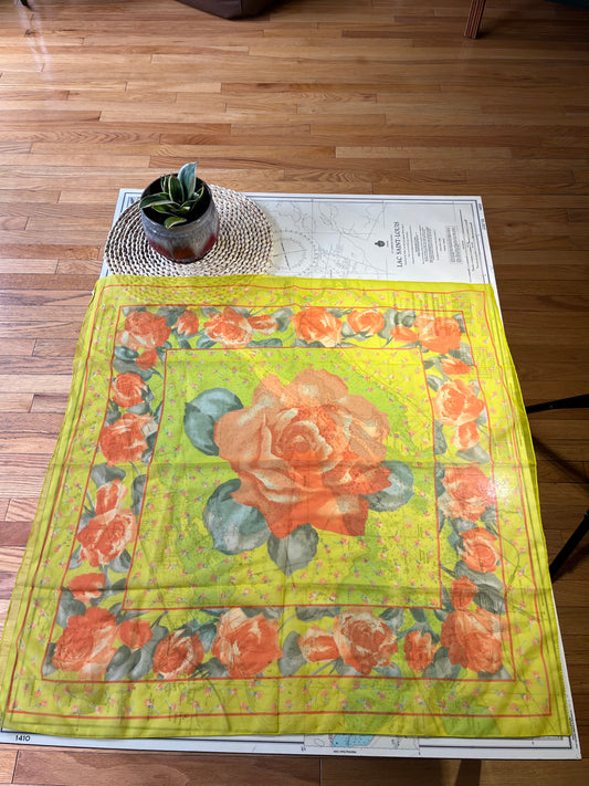 Vintage Yellow Green and Orange Sheer Floral Scarf