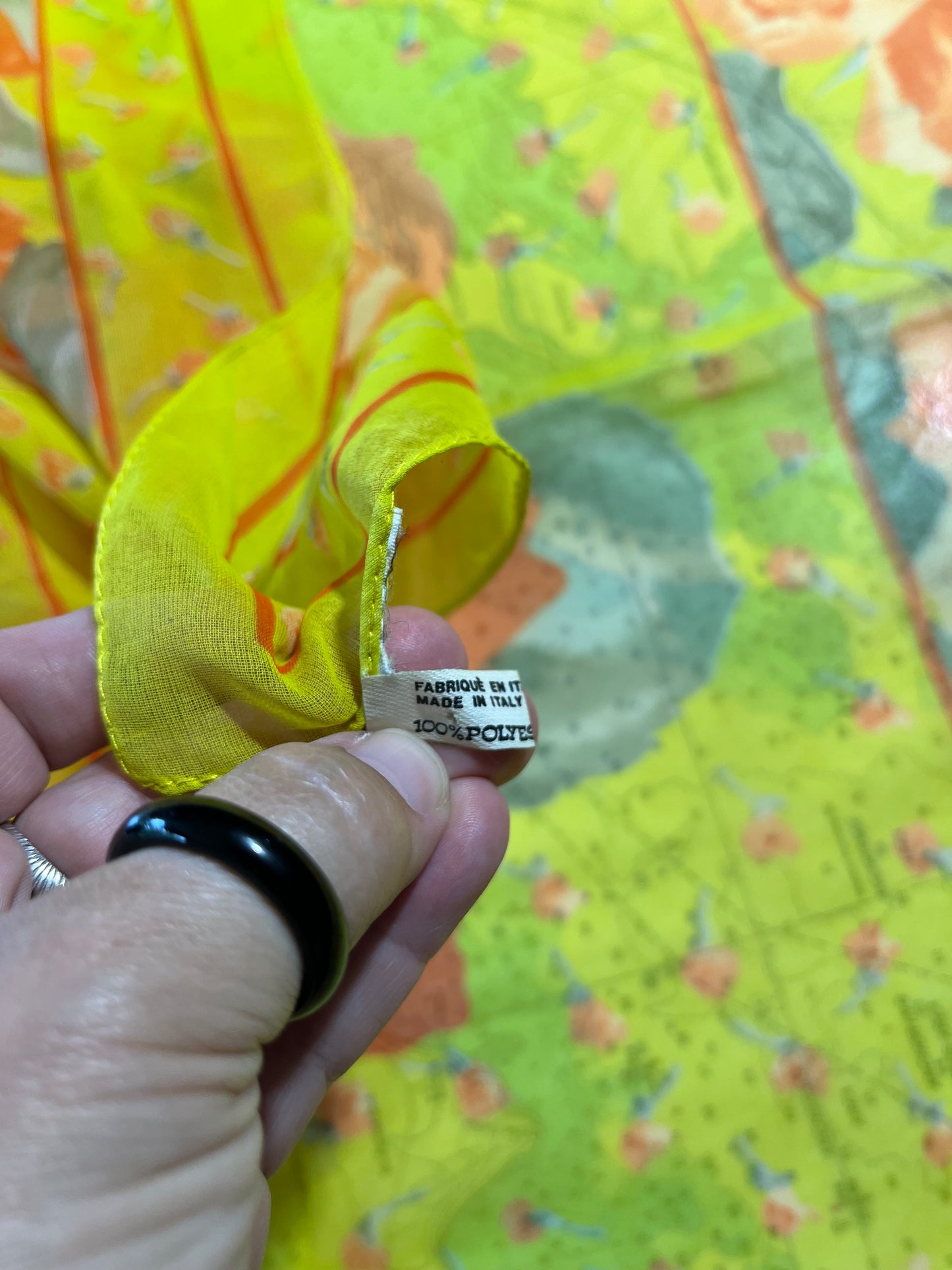 Vintage Yellow Green and Orange Sheer Floral Scarf