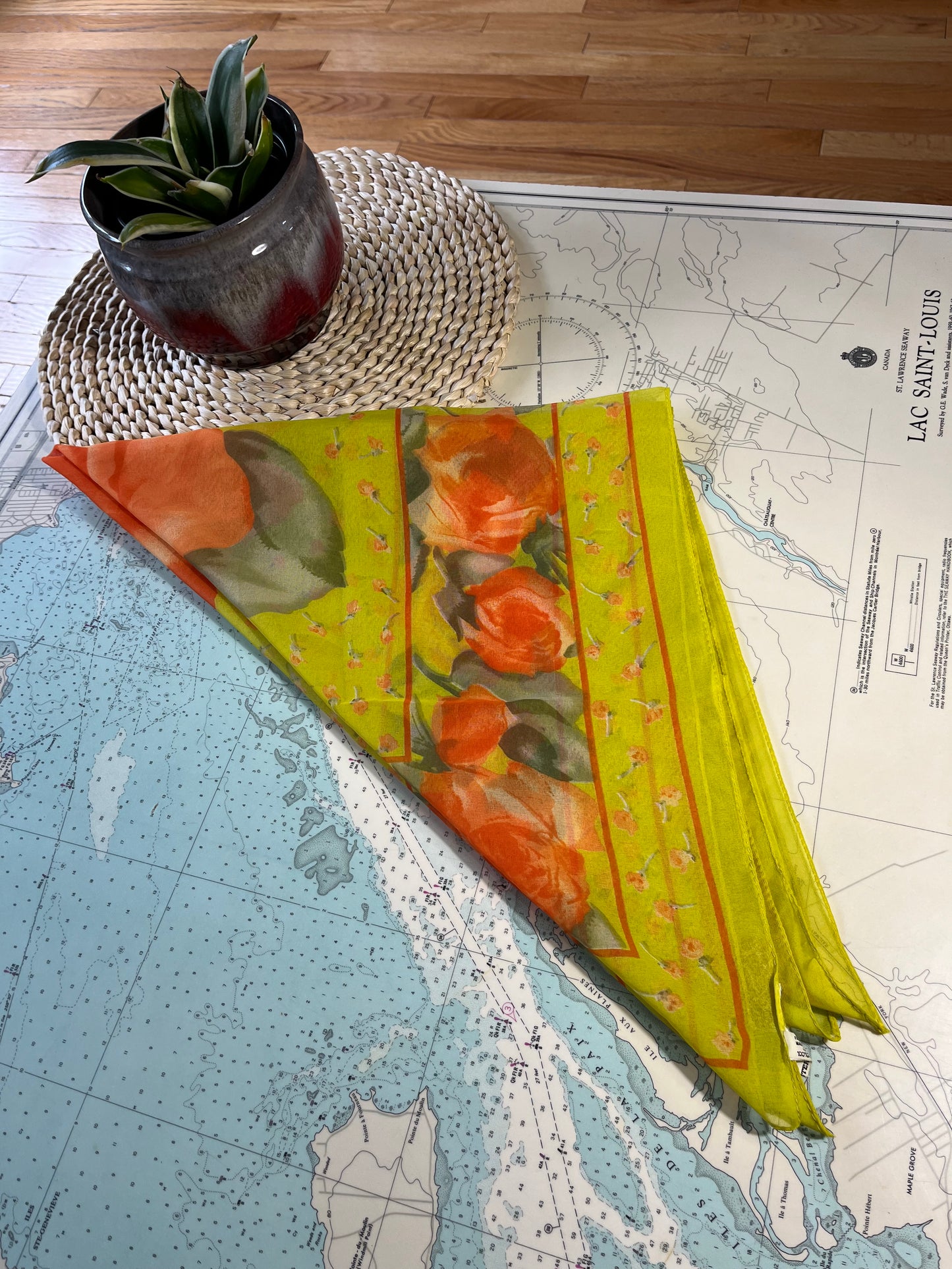 Vintage Yellow Green and Orange Sheer Floral Scarf