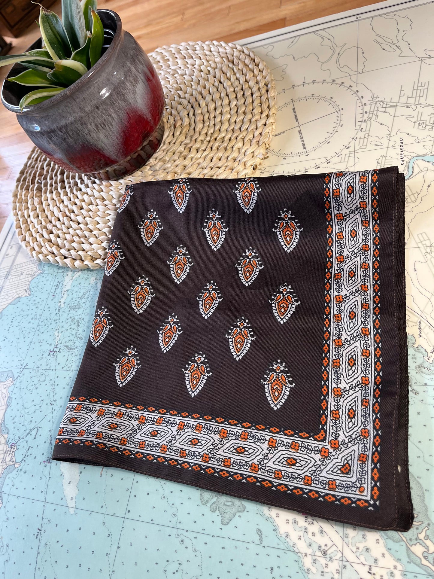 Vintage 70s Brown and Orange Patterned Scarf
