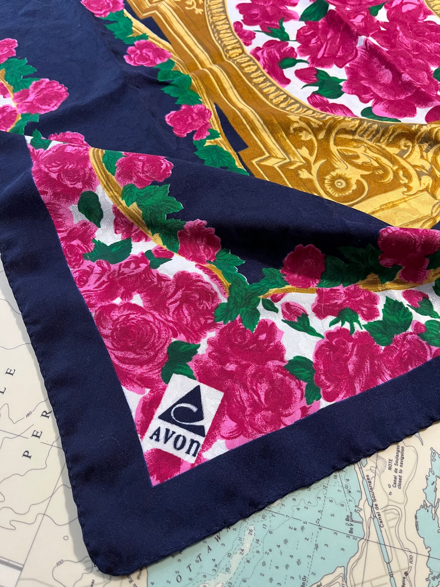 Vintage Avon Navy and Pink Floral Scarf