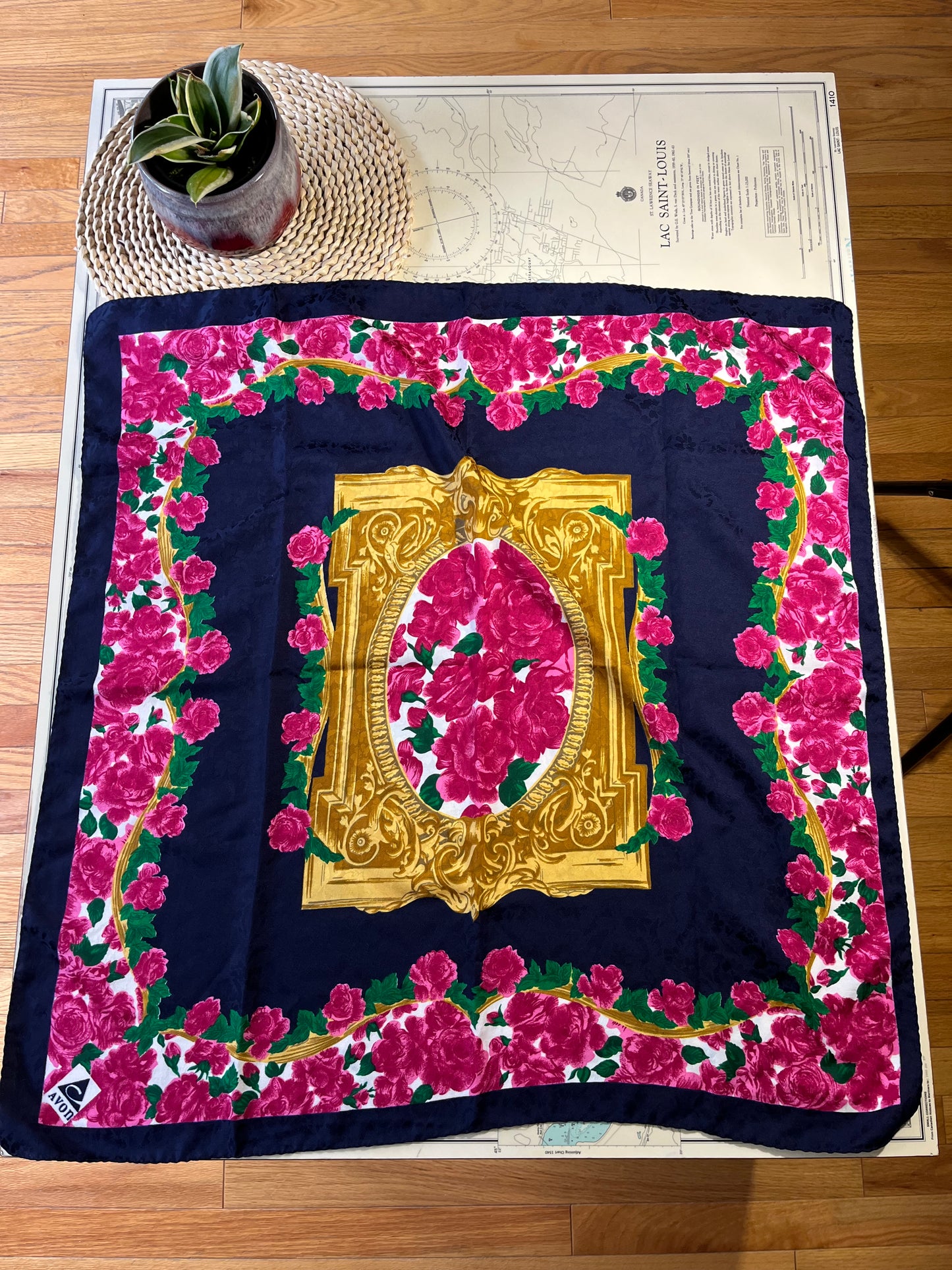 Vintage Avon Navy and Pink Floral Scarf