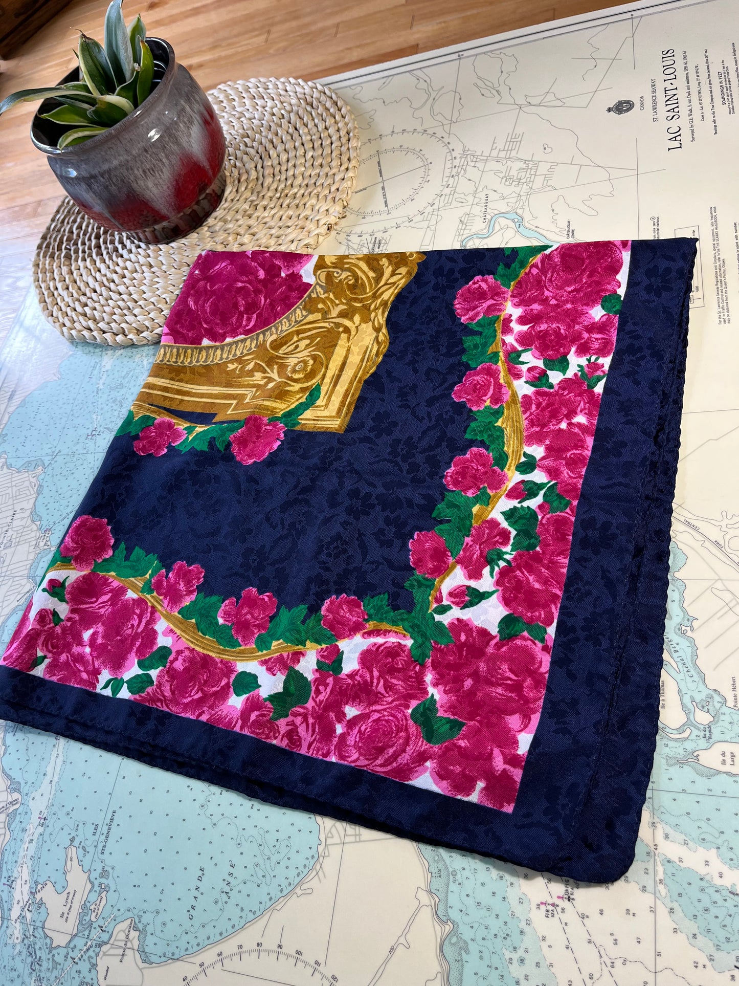 Vintage Avon Navy and Pink Floral Scarf