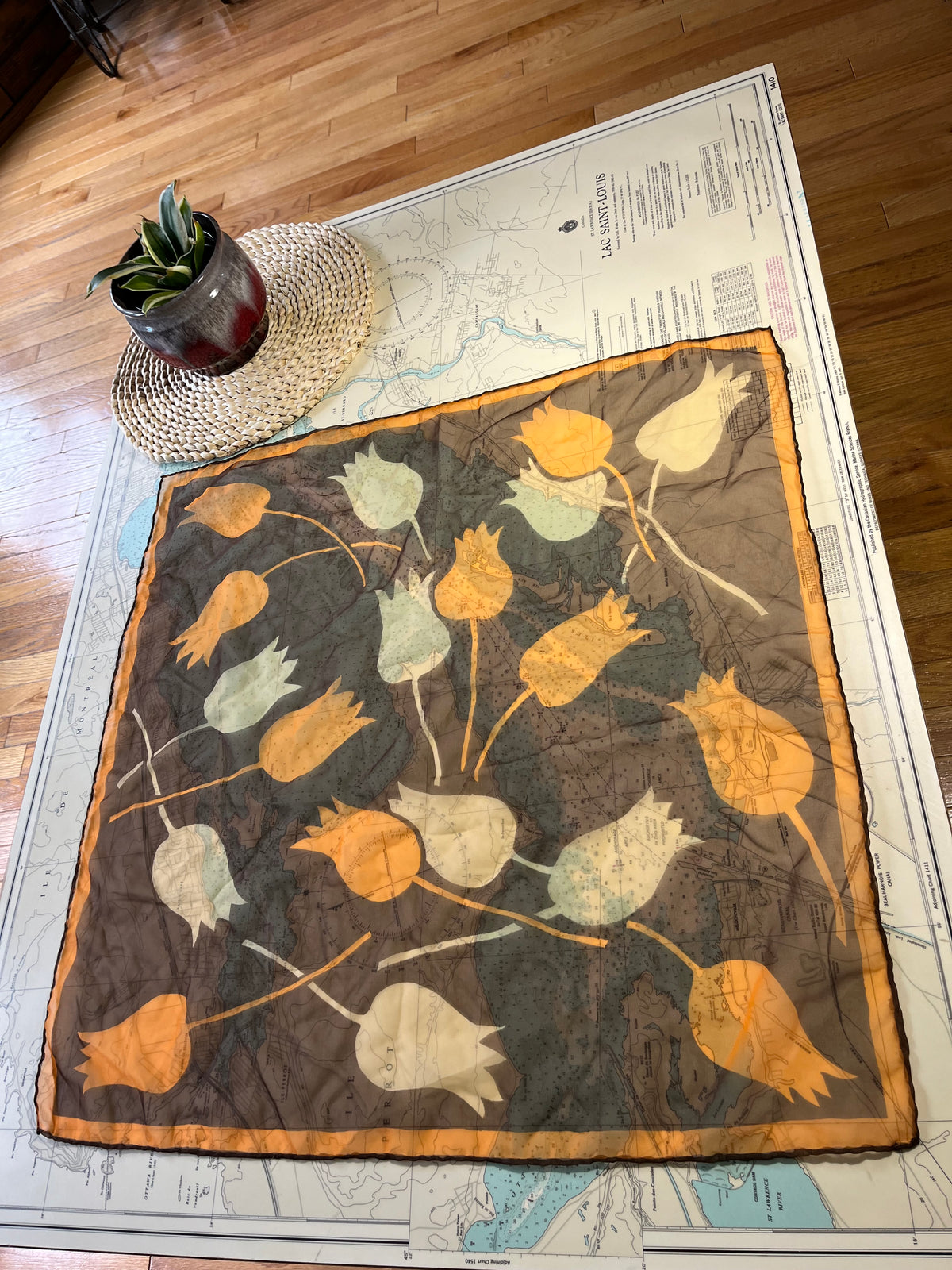 Vintage Tulip Pattern Brown and Orange Sheer Scarf