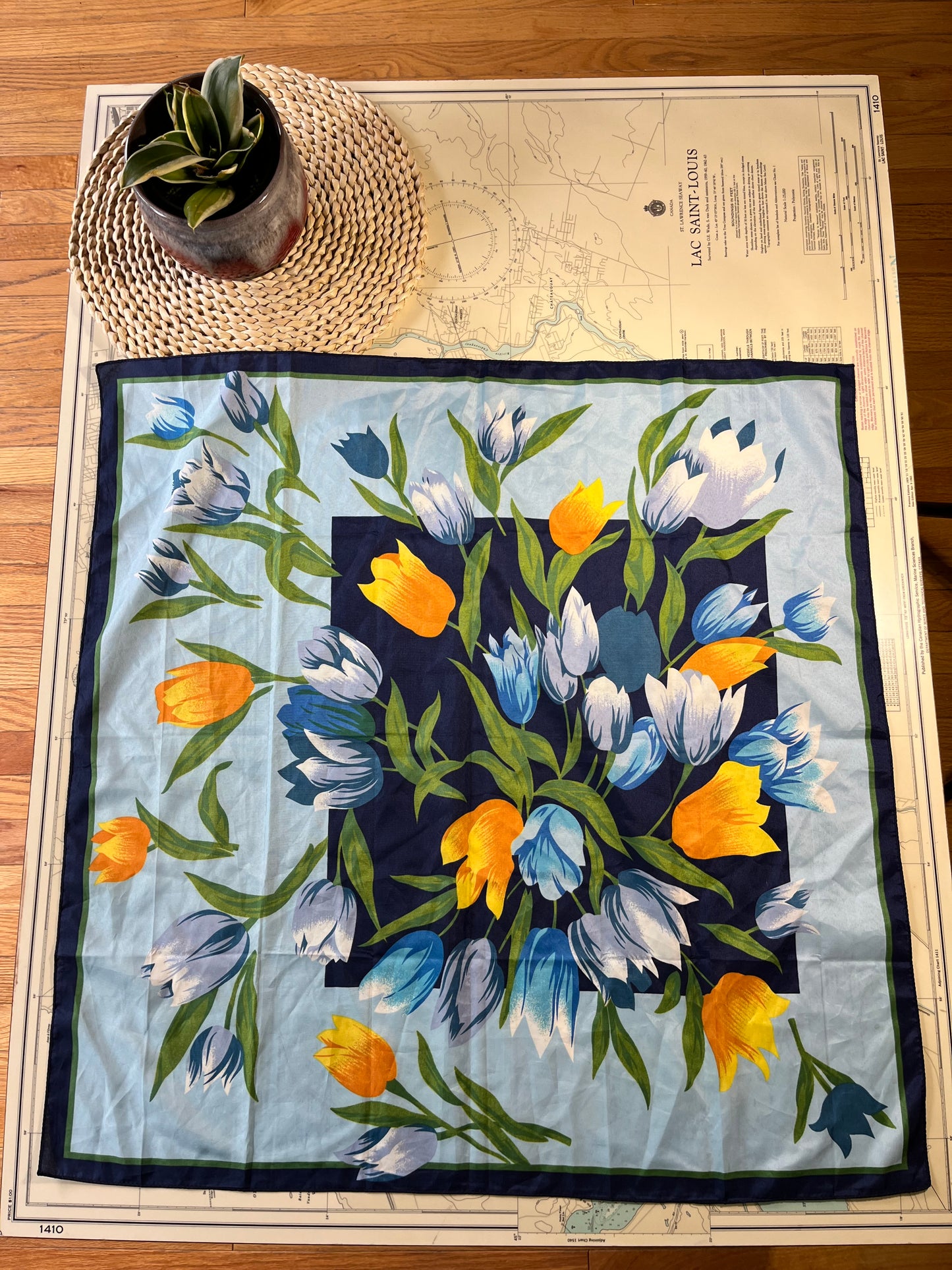 Blue and Orange Tulip Satin Scarf