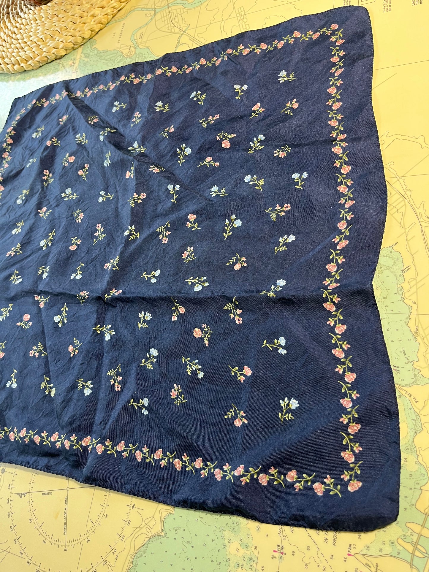 Vintage Gap Navy and Pink Floral Silk Scarf