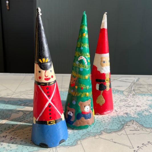 Vintage Handmade Christmas Cone Candles Santa, Tree & Nutcracker