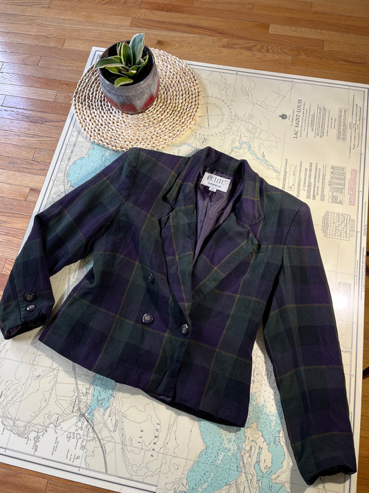 Vintage 90s Petite Sophisticate Blue Green Plaid Cropped Blazer