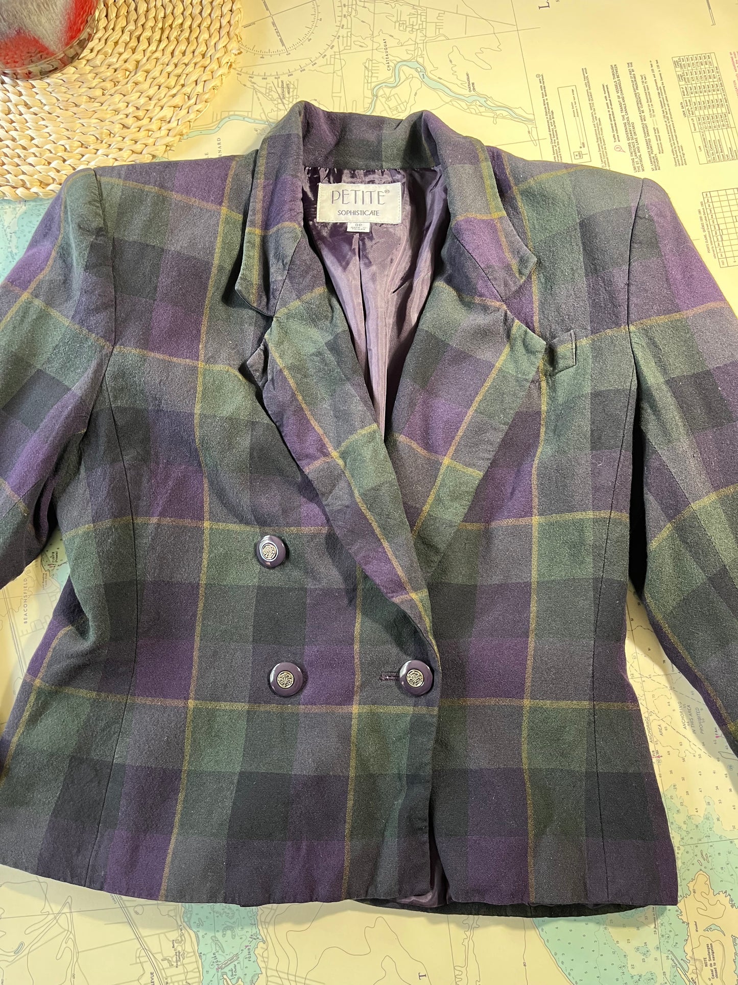 Vintage 90s Petite Sophisticate Blue Green Plaid Cropped Blazer