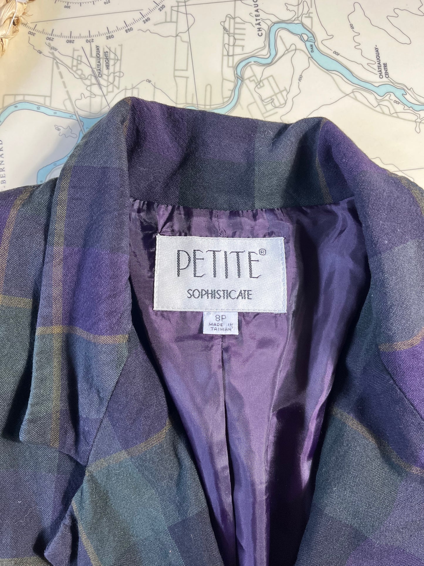 Vintage 90s Petite Sophisticate Blue Green Plaid Cropped Blazer