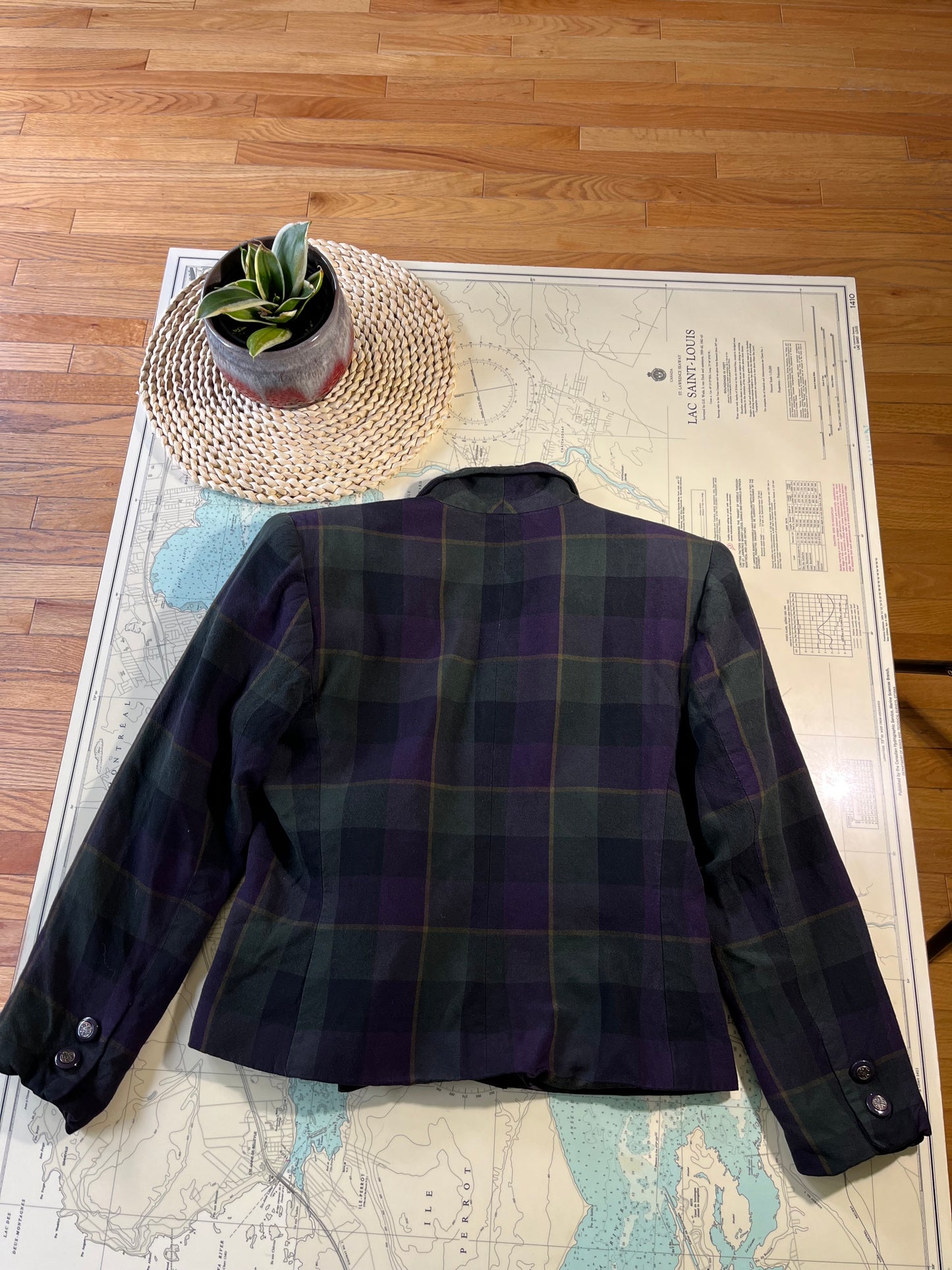 Vintage 90s Petite Sophisticate Blue Green Plaid Cropped Blazer