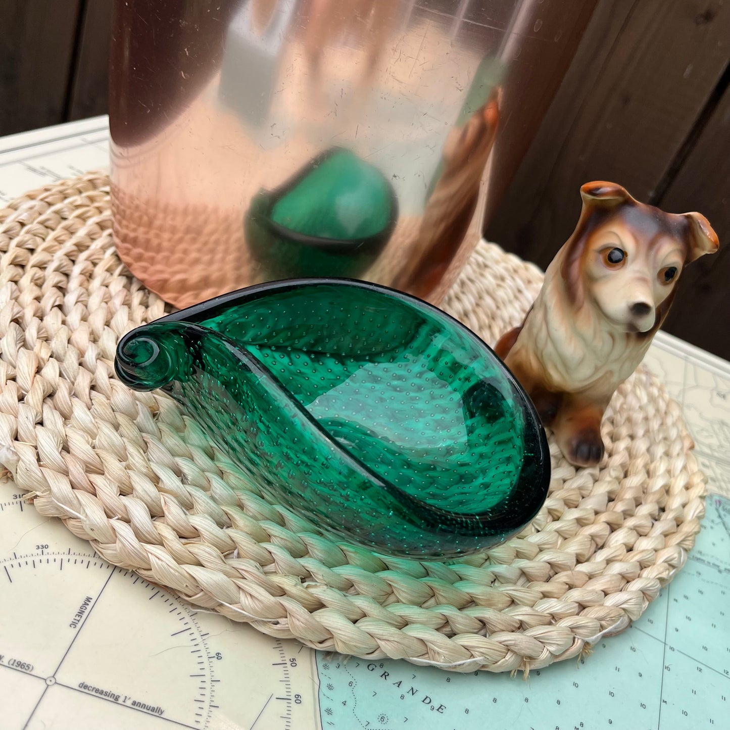 Vintage Green Bubble Glass Teardrop Vessel / Ashtray